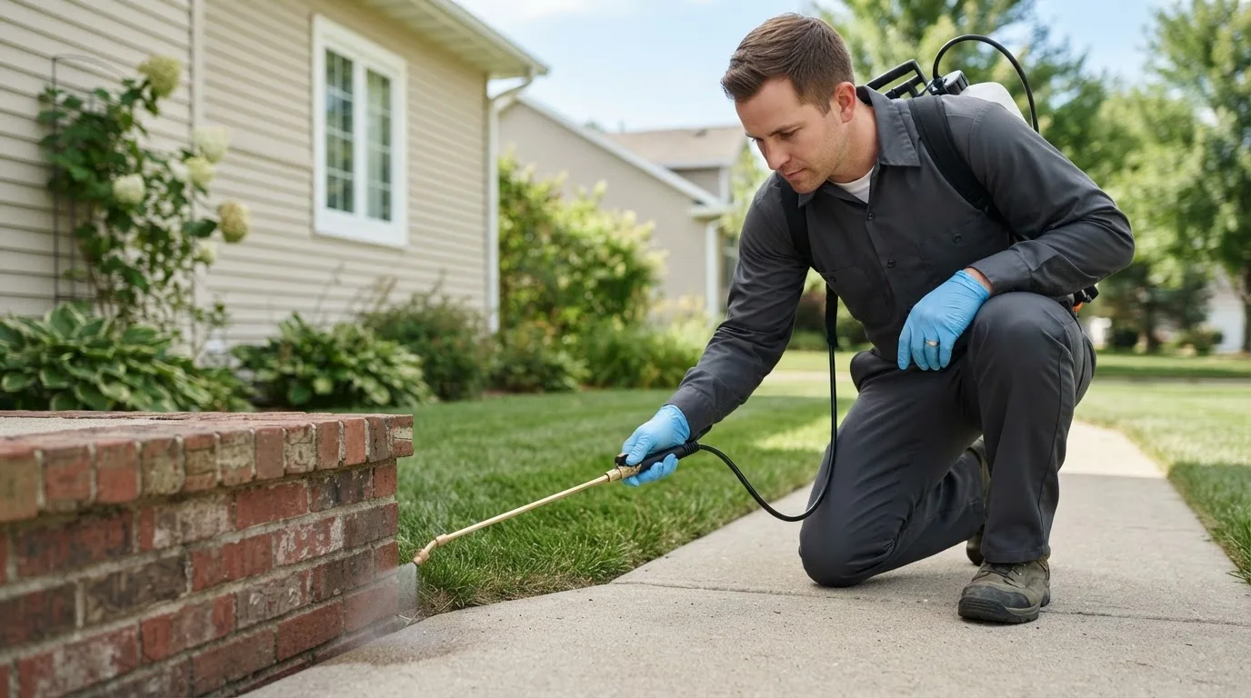Pest control technician treating a home near Okay, OK