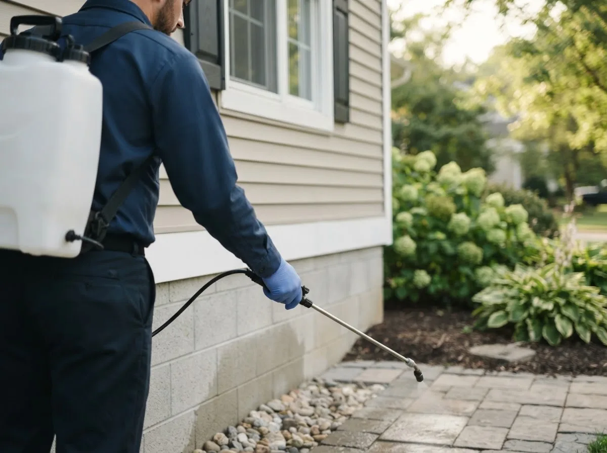 Pest control technician inspecting a home in Okay, OK